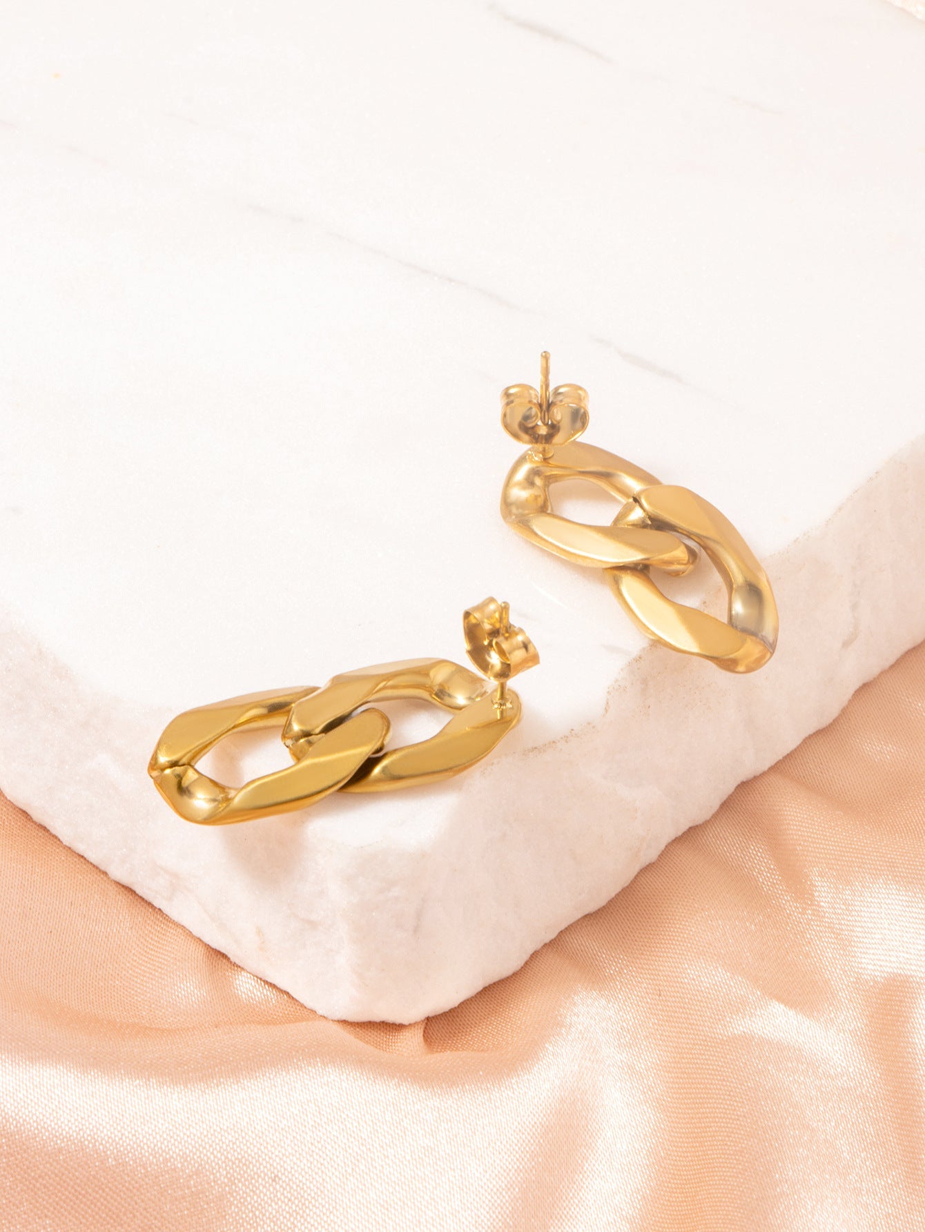 Double Hoop Link Chain Earrings – 18K Gold Plated Titanium Steel Geometric Dangle Jewelry for Women