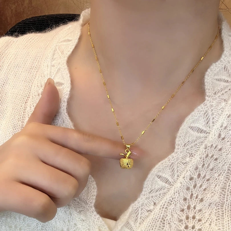 Lucky Apple Pendant Box Chain Necklace – 18K Gold Plated "Ping An" Square Link Clavicle Chain with M-Buckle Closure