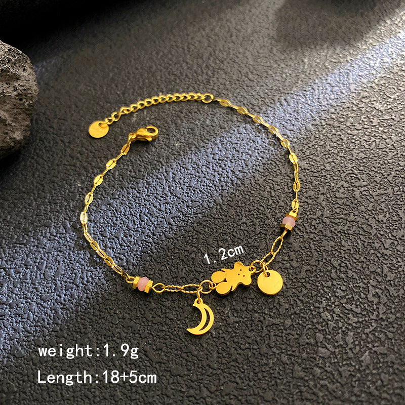 Multi-Color Bear & Crescent Moon Bracelet – 18K Gold Plated Titanium Steel, Fashionable "Sweet & Cool" Light Luxury Bracelet for Women