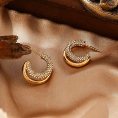 Luxury C-Shaped Zircon Earrings - 18K Gold Plated Titanium Steel Hoops - Tarnish-Proof High-End Geometric Jewelry for Women