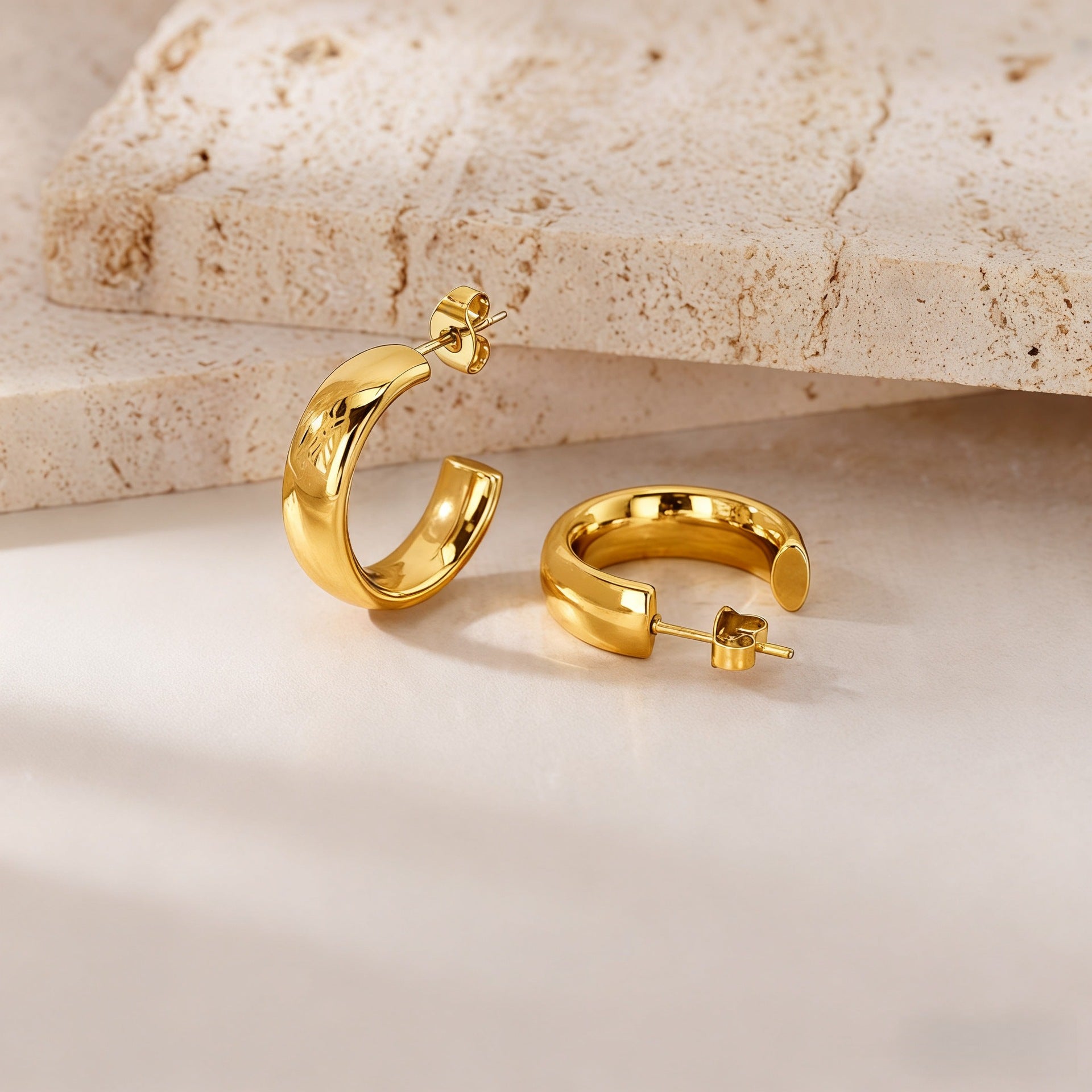 18K Gold Plated Thick Hoop Earrings - Tarnish-Free Chunky Gold Circles - Lightweight High-Polish Statement Hoops for Women