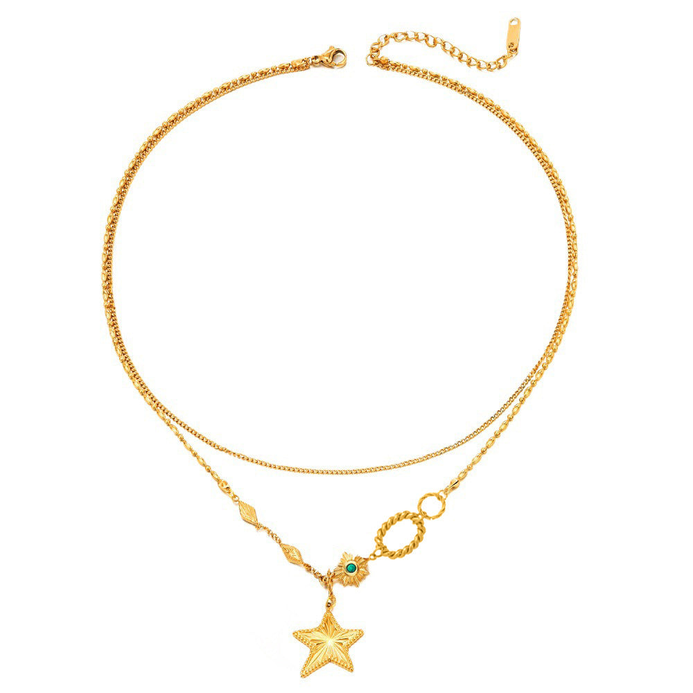 14K Gold Double-Layer Star Necklace – Stainless Steel Geometric Five-Pointed Star Pendant, Ins Style Niche Design Layered Clavicle Chain for Women