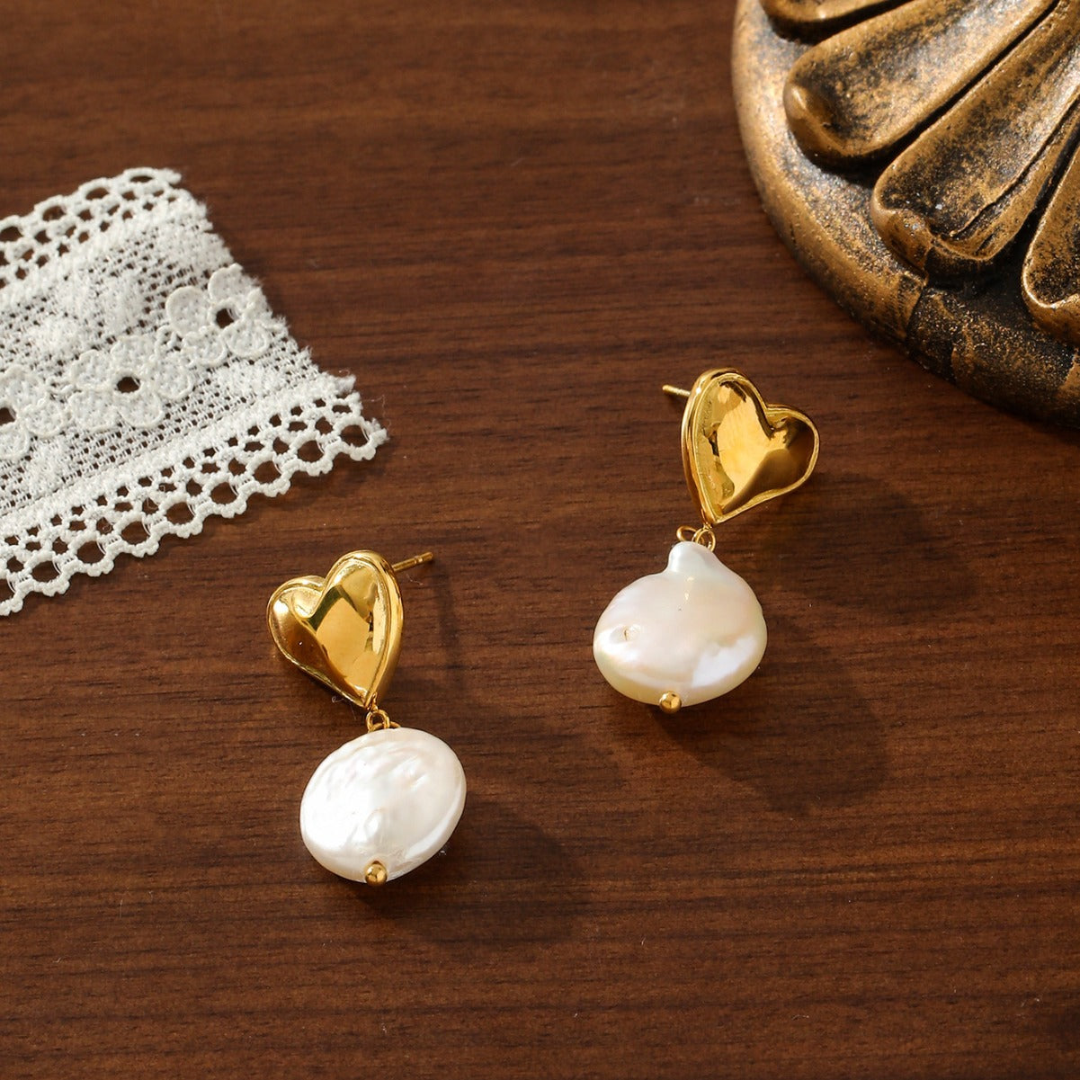 French Retro Bow Pearl Earrings - 18K Gold Plated Asymmetrical Heart & Ribbon Studs - Tarnish-Proof Titanium Steel Romantic Jewelry for Women