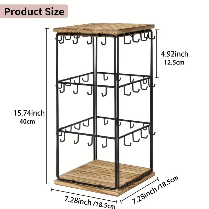 360° Rotating Walnut Jewelry Tower – Multi-Tier Wooden Earring & Ring Organizer with Hanging Hooks for Necklaces