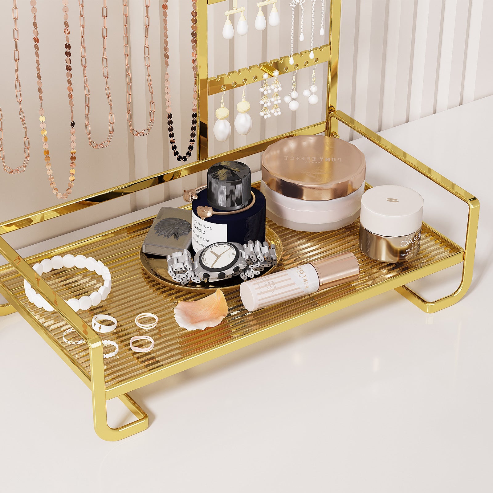 Multi-Tier Desktop Jewelry Organizer – 12.6-Inch T-Bar Necklace Stand & Bracelet Holder with Wooden Ring Tray