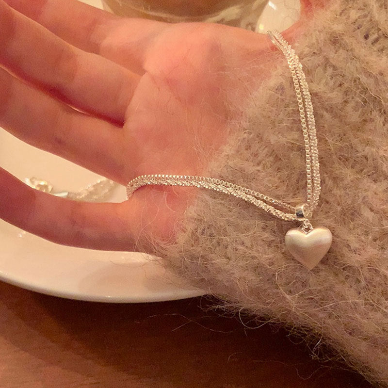 Double-Layer Brushed Love Pendant Necklace, Women'S Accessories, High-End, Light Luxury, Niche Fashion, Versatile And Gold-Like Clavicle Chain