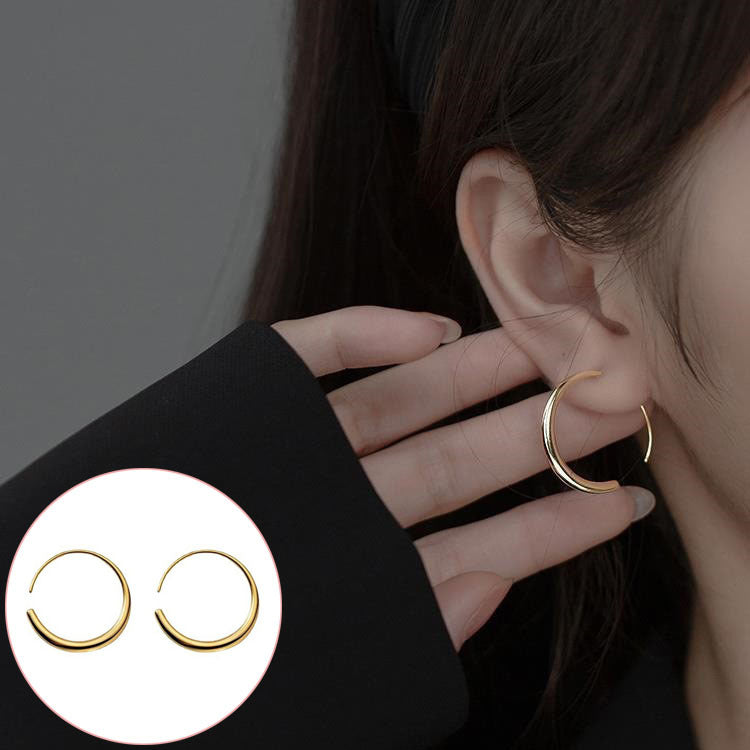 French Retro Gold Hoop Earrings - S925 Silver Needle Minimalist Thick Hoops - 18K Gold Plated Niche Design High-End Earrings for Women