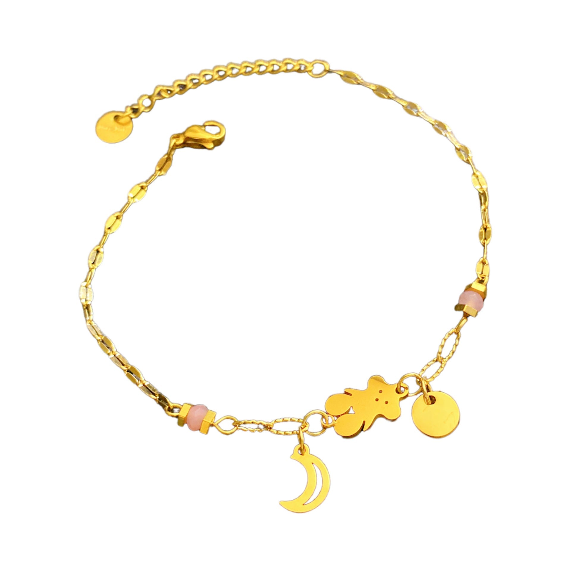 Multi-Color Bear & Crescent Moon Bracelet – 18K Gold Plated Titanium Steel, Fashionable "Sweet & Cool" Light Luxury Bracelet for Women