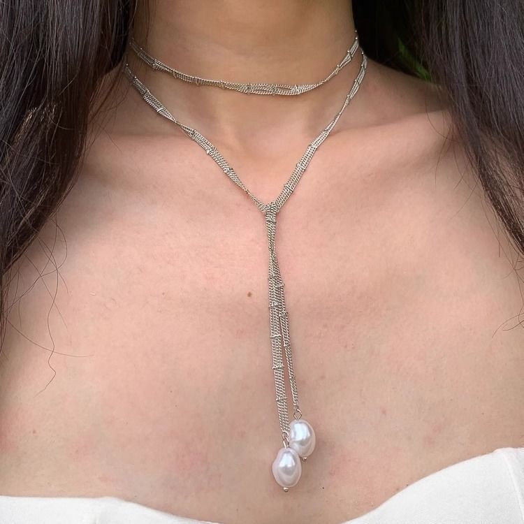 Cool Gold-Style Lace Wrap Necklace For Women, Vintage Design, Long Style, Stacked Pearls, Cold Style Clavicle