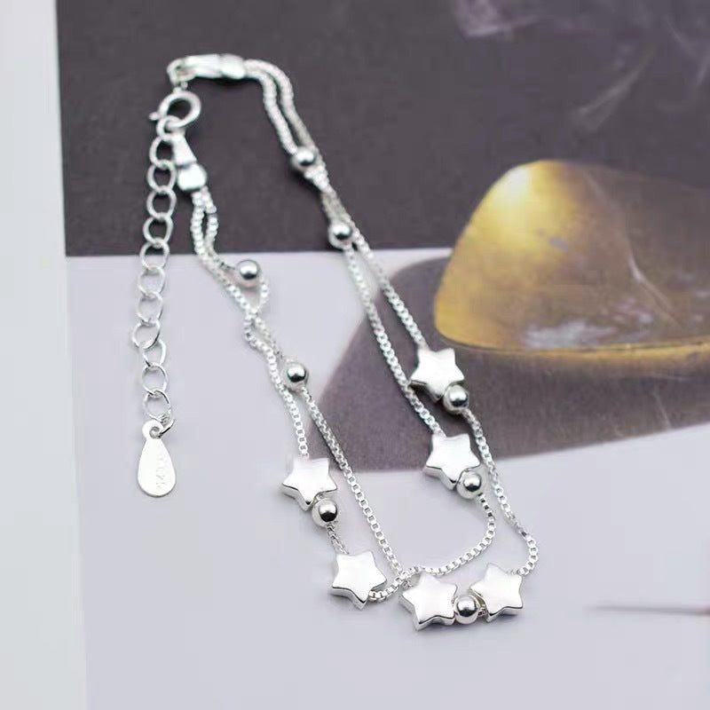 Retro Double-Layer Silver Star Bracelet – Y2K "Sweet & Cool" Stackable Chain, Versatile Unisex Couple's Accessory with High-End Finish