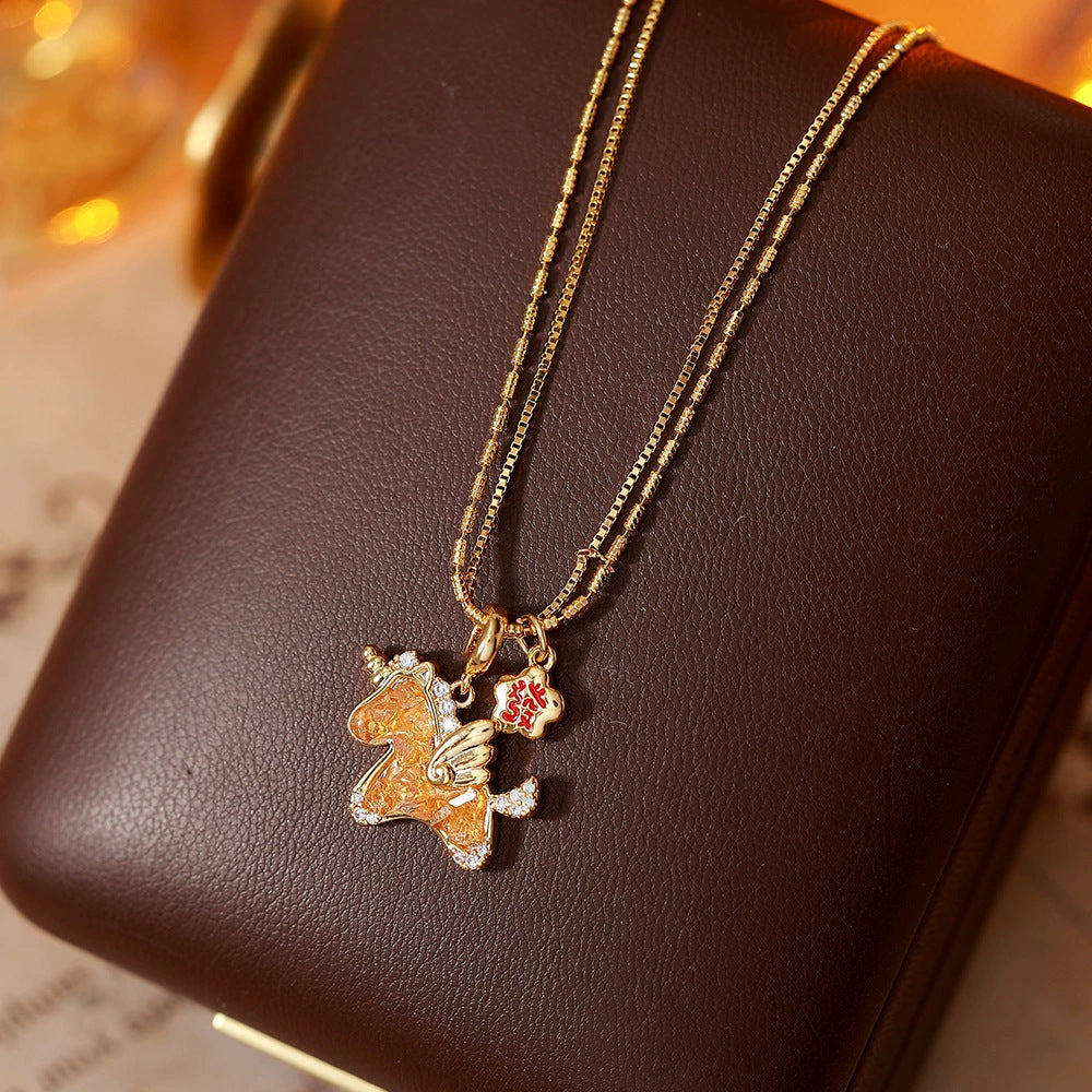 Korean Style Golden Sweet Pony Pendant Necklace – 18K Gold Plated Niche Design Clavicle Chain, High-End Light Luxury Sweater Chain for Women