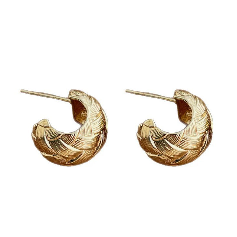 French Braided C-Shaped Hoop Earrings - S925 Silver Needle Brushed Metal Studs - High-End Niche Design Light Luxury Earrings for Women