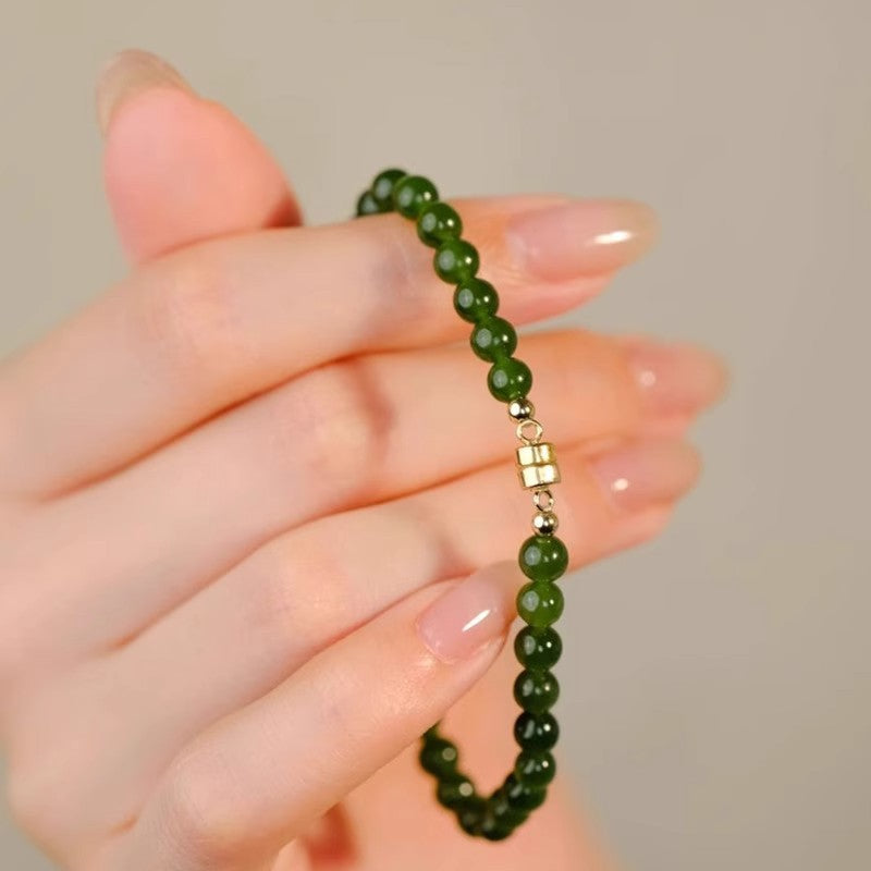 New Chinese Style Green Jasper Bracelet – 18K Gold Plated Light Luxury Green Bead Jewelry, Niche Exquisite Bracelet for Women