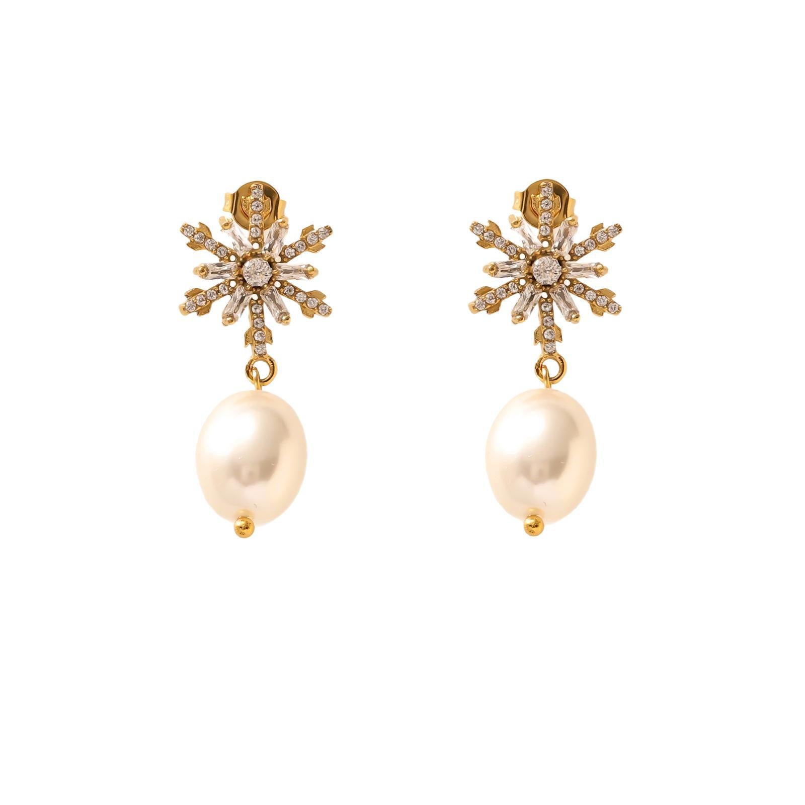 Snowflake Freshwater Pearl Earrings - 18K Gold Plated Zircon Studs - Original Design Light Luxury Winter Jewelry for Women