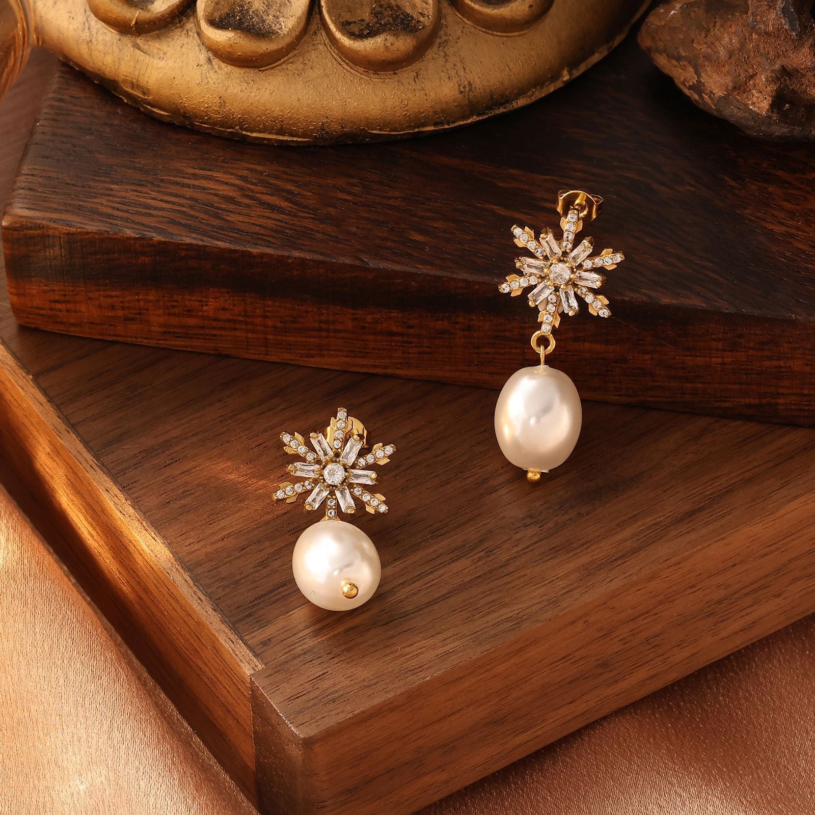 Snowflake Freshwater Pearl Earrings - 18K Gold Plated Zircon Studs - Original Design Light Luxury Winter Jewelry for Women