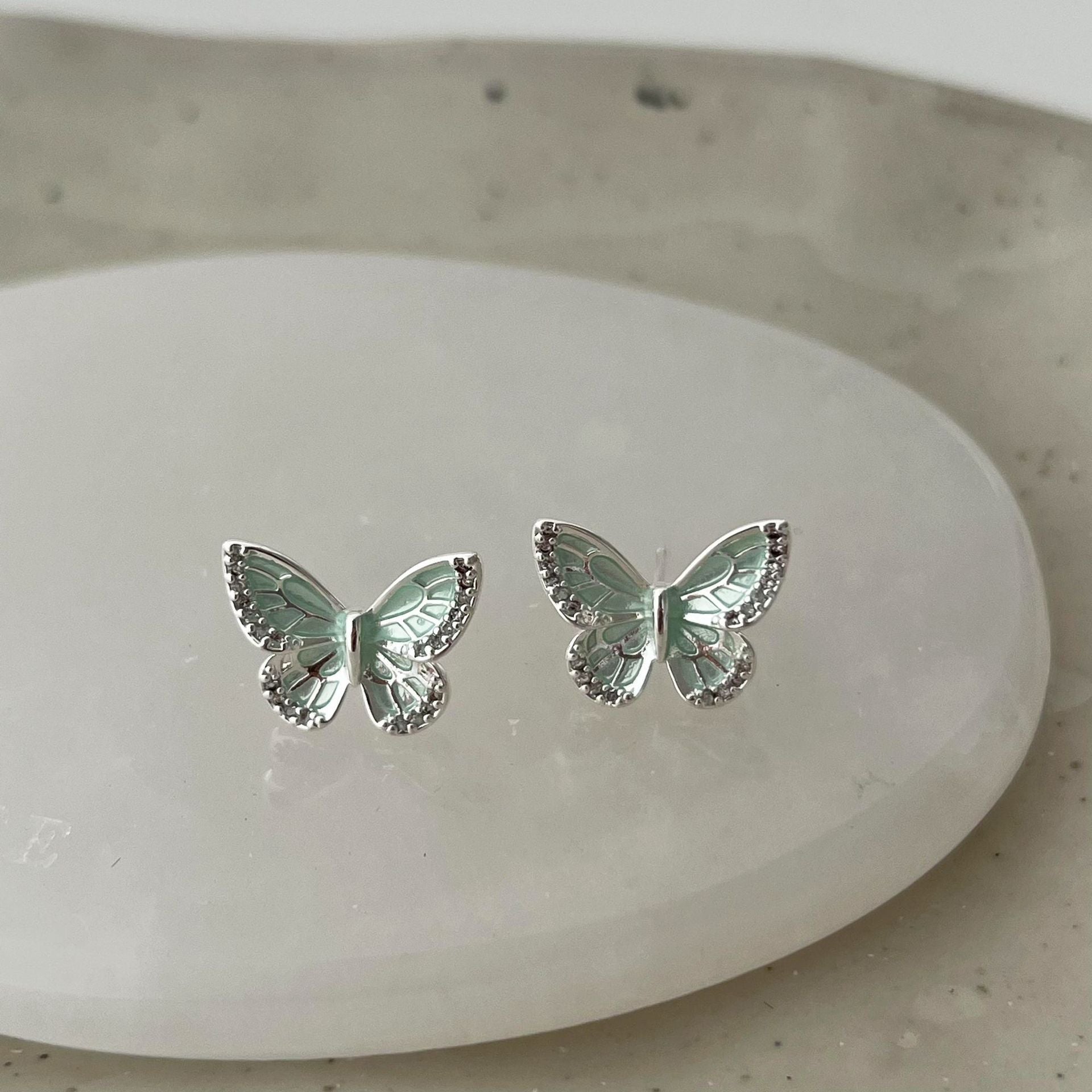 Mint Green Enamel Butterfly Stud Earrings - S925 Silver Needle Micro-Pave Zirconia Wings - Fresh Summer Aesthetic Jewelry for Women