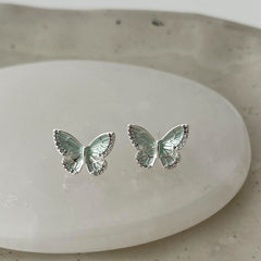 Mint Green Enamel Butterfly Stud Earrings - S925 Silver Needle Micro-Pave Zirconia Wings - Fresh Summer Aesthetic Jewelry for Women