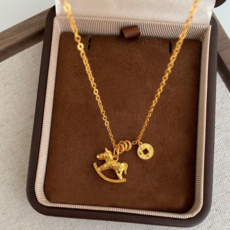 "Make Money Immediately" Lucky Pony Necklace – 18K Gold Plated "Broken Ice" Coin Pendant, High-End Light Luxury Sweater Chain for Women