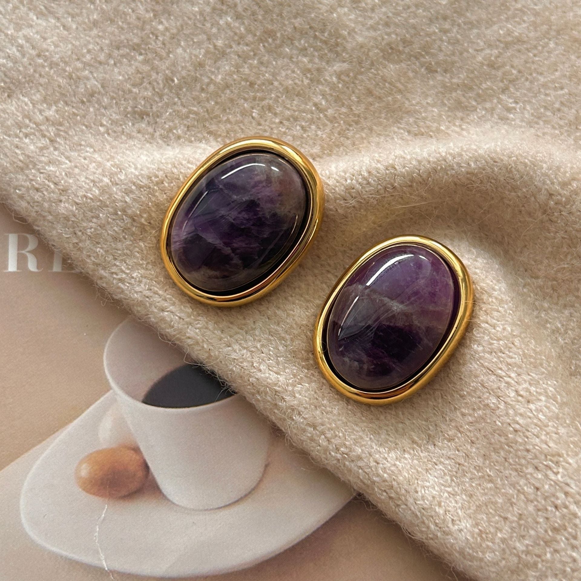 Natural Amethyst Oval Stud Earrings - S925 Sterling Silver Purple Crystal Earrings for Women