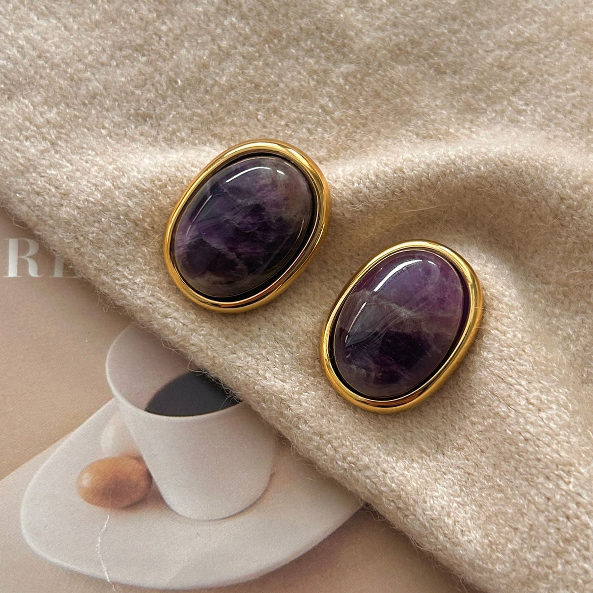 Natural Amethyst Oval Stud Earrings - S925 Sterling Silver Purple Crystal Earrings for Women