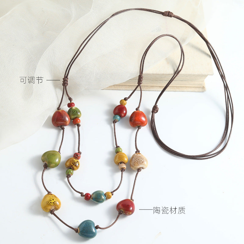 French Retro Double-Layer Ceramic Necklace – Colorful Beaded "Dopamine" Heart Pendant, High-End Versatile Long Style Jewelry