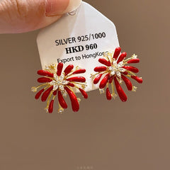 Starburst Enamel Drop Earrings - S925 Silver Needle Fireworks Statement Earrings - Vintage Gold Plated Geometric Jewelry for Women