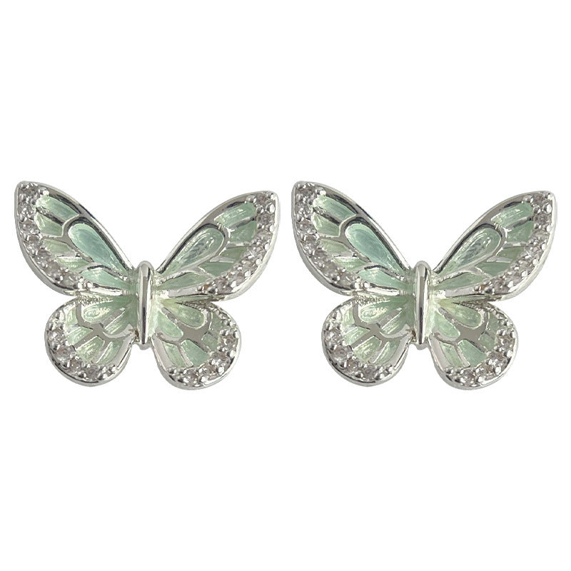 Mint Green Enamel Butterfly Stud Earrings - S925 Silver Needle Micro-Pave Zirconia Wings - Fresh Summer Aesthetic Jewelry for Women