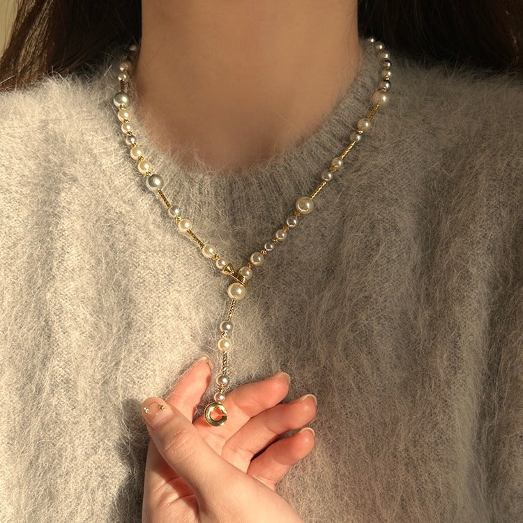 Long Pearl Y-Shaped Sweater Chain – 18K Gold Plated Layered Lariat Necklace for Autumn & Winter Fashion