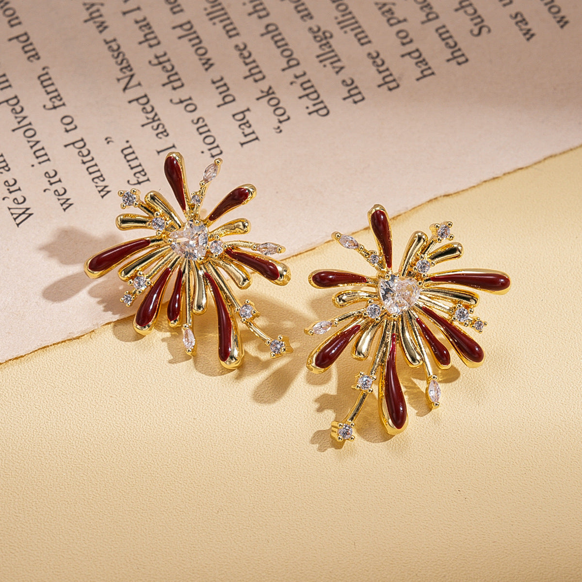 Starburst Enamel Drop Earrings - S925 Silver Needle Fireworks Statement Earrings - Vintage Gold Plated Geometric Jewelry for Women