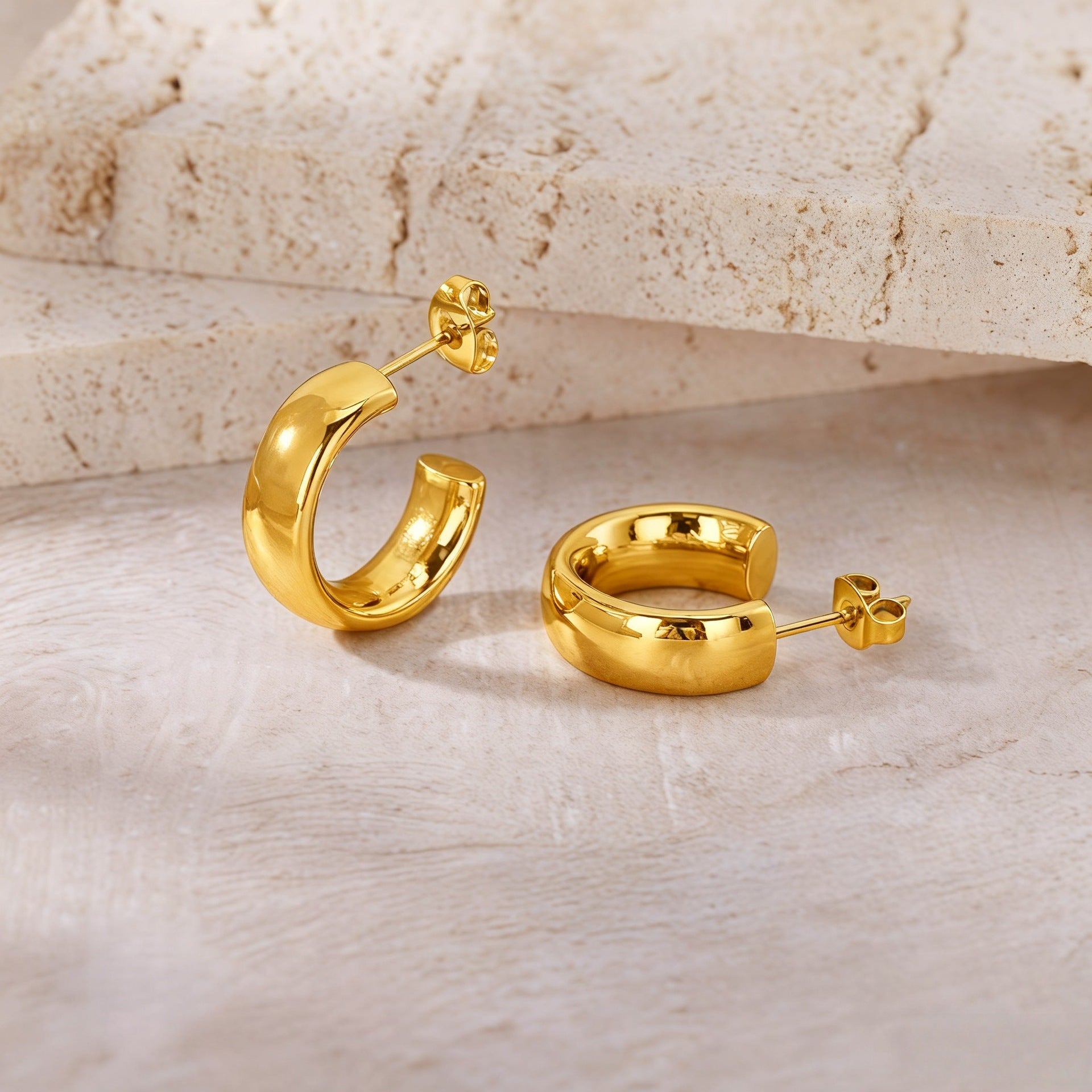 18K Gold Plated Thick Hoop Earrings - Tarnish-Free Chunky Gold Circles - Lightweight High-Polish Statement Hoops for Women