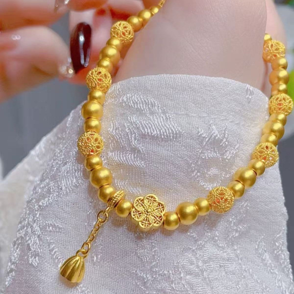 New Chinese Style Ancient Filigree Lotus Bracelet – 18K Gold Plated Hollow Lotus & Hydrangea Transfer Beads, Elegant Niche Jewelry Gift for Women