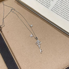 Vintage-Style Iris Key Pendant Necklace – 18K Gold Plated Light Luxury Sweater Chain & Exquisite Choker for Women