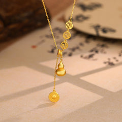 Gourd Pendant Necklace With The Word "Fu", Auspicious And Wishful, For Women, Ancient Sand Gold Tassels, Retro And Versatile, Fashionable And Elegant Clavicle Chain