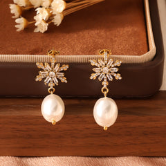 Snowflake Freshwater Pearl Earrings - 18K Gold Plated Zircon Studs - Original Design Light Luxury Winter Jewelry for Women