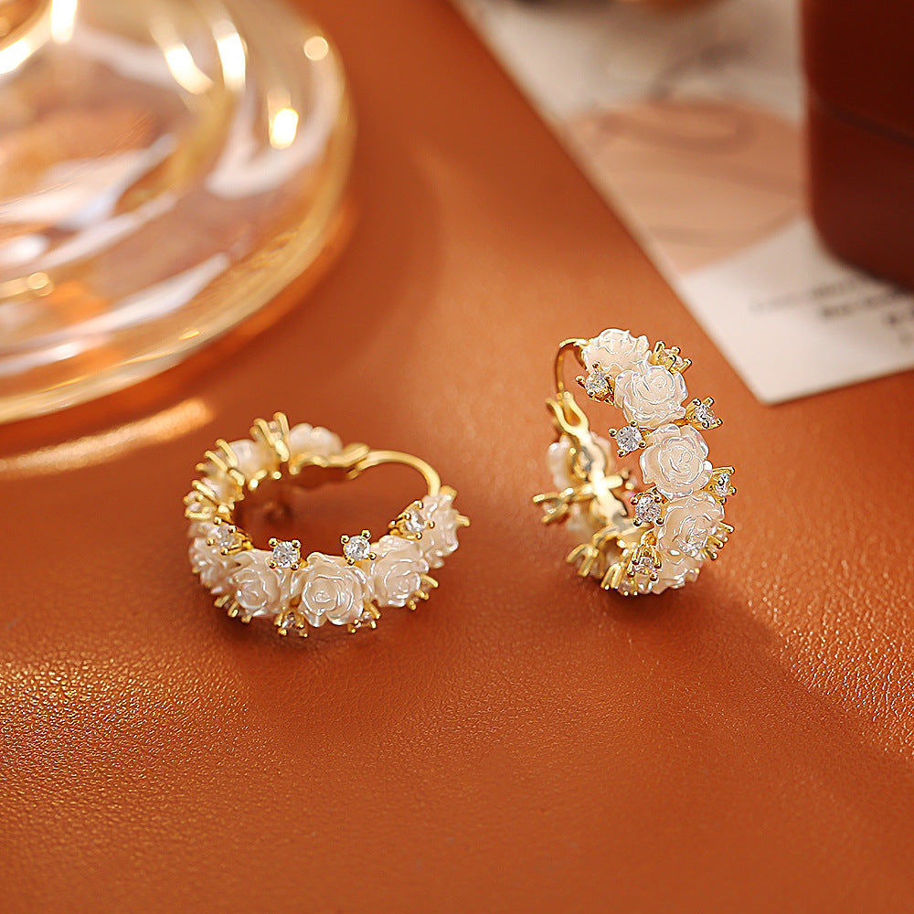 Rose Flower Stud Earrings with Sparkling Zircon - Romantic Pink Floral Earrings for Women & Girls