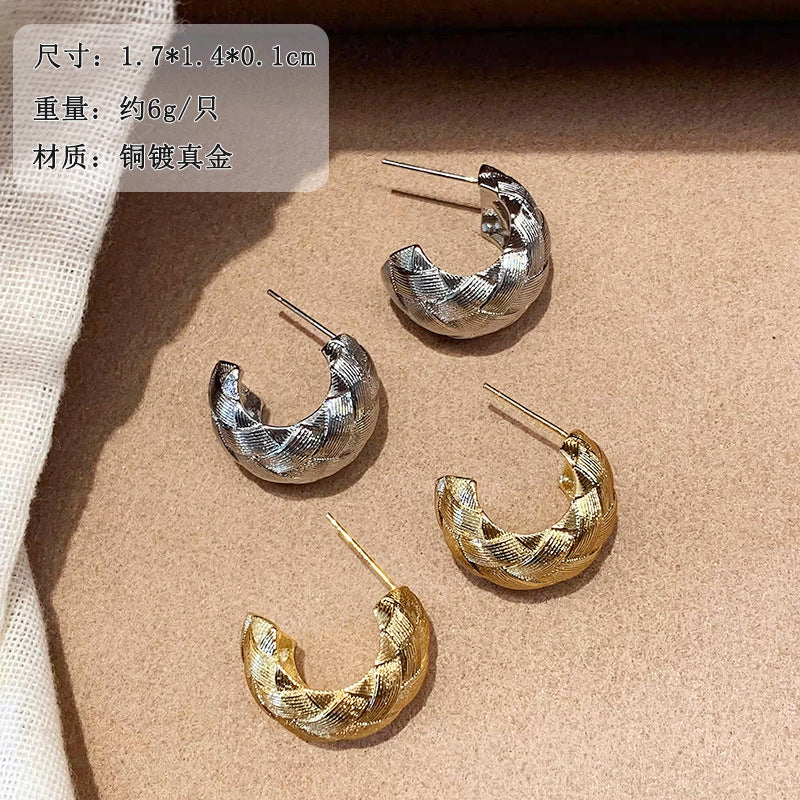 French Braided C-Shaped Hoop Earrings - S925 Silver Needle Brushed Metal Studs - High-End Niche Design Light Luxury Earrings for Women