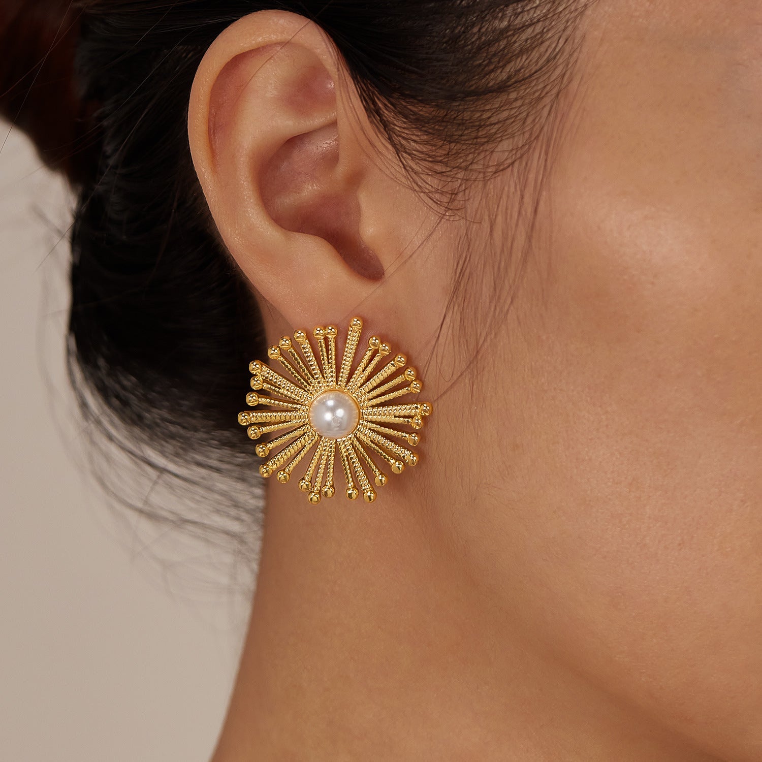 Geometric Dandelion Pearl Earrings - 18K Gold Plated Stainless Steel Studs - Tarnish-Proof Internet Celebrity "Ins" Style Jewelry for Women