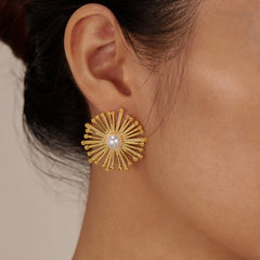 Geometric Dandelion Pearl Earrings - 18K Gold Plated Stainless Steel Studs - Tarnish-Proof Internet Celebrity "Ins" Style Jewelry for Women