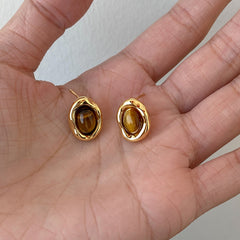 Natural Tiger Eye Geometric Drop Earrings - S925 Silver Needle Maillard Style Retro Earrings for Women