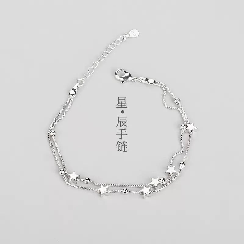 Retro Double-Layer Silver Star Bracelet – Y2K "Sweet & Cool" Stackable Chain, Versatile Unisex Couple's Accessory with High-End Finish