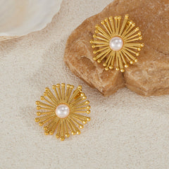 Geometric Dandelion Pearl Earrings - 18K Gold Plated Stainless Steel Studs - Tarnish-Proof Internet Celebrity "Ins" Style Jewelry for Women