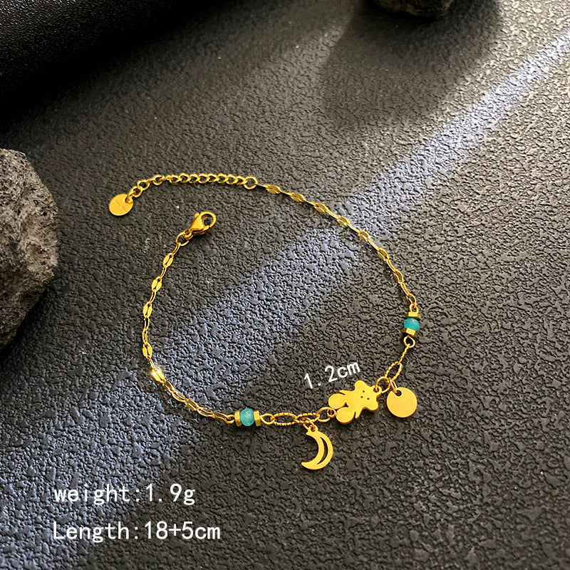 Multi-Color Bear & Crescent Moon Bracelet – 18K Gold Plated Titanium Steel, Fashionable "Sweet & Cool" Light Luxury Bracelet for Women