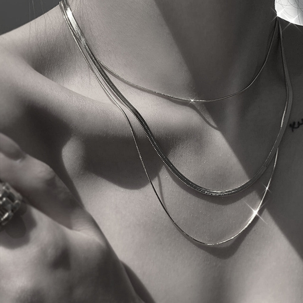 Double-Layer Liquid Gold Snake Bone Necklace – European & American Ins Style Herringbone Chain, Minimalist Niche Design Stacked Clavicle Chain for Women