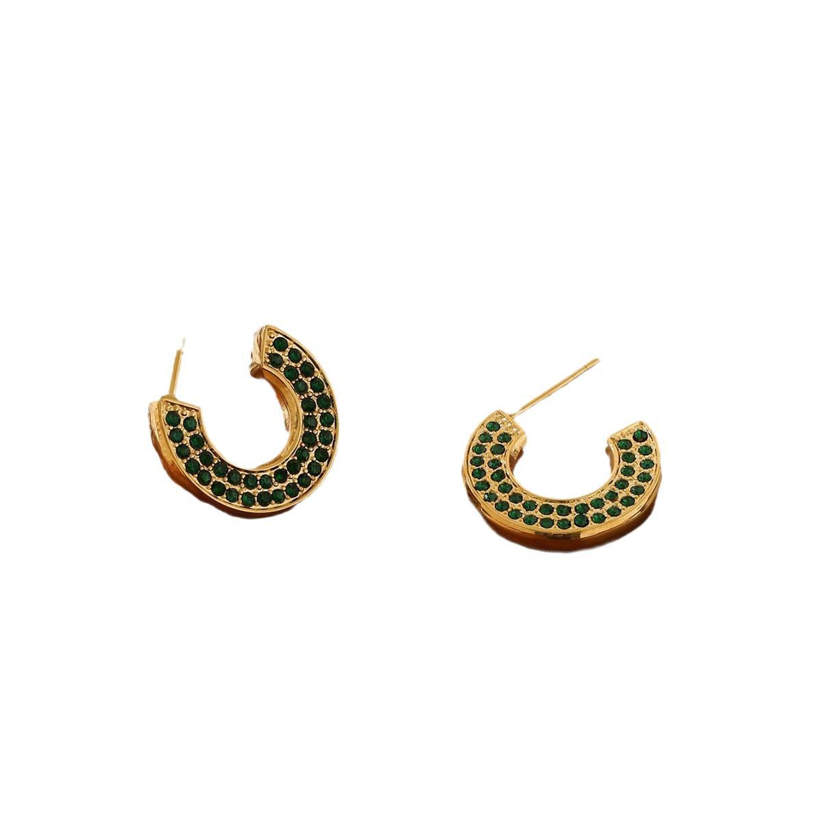 C-Shaped Pave Zircon Hoop Earrings – 18K Gold Plated Titanium Steel Multi-Color Sparkle Studs for Women