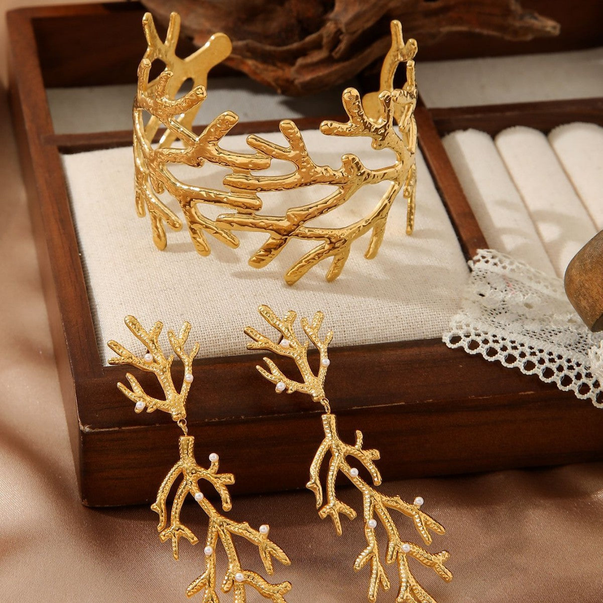 18K Gold Plated Hammered Branch Bangle - Bold Stainless Steel Textured Wide Cuff Bracelet for Women