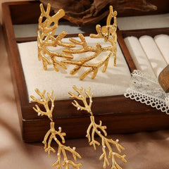 18K Gold Plated Hammered Branch Bangle - Bold Stainless Steel Textured Wide Cuff Bracelet for Women