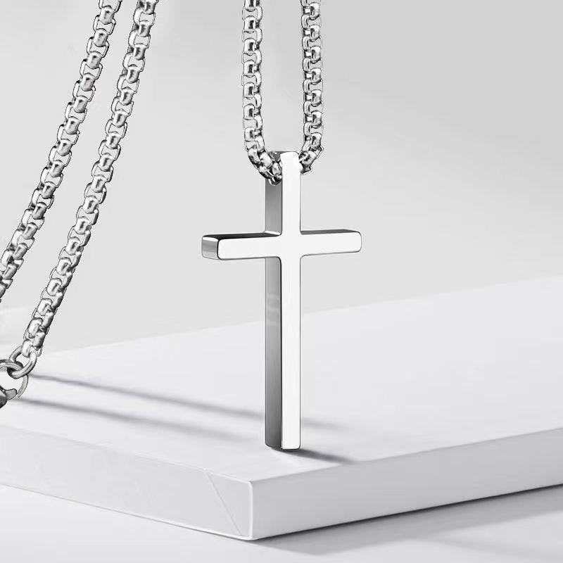 Cross-Border European And American New Titanium Steel Cross Necklace Men'S Trendy And Versatile Stainless Steel Cross Pendant Sweater Chain Accessories