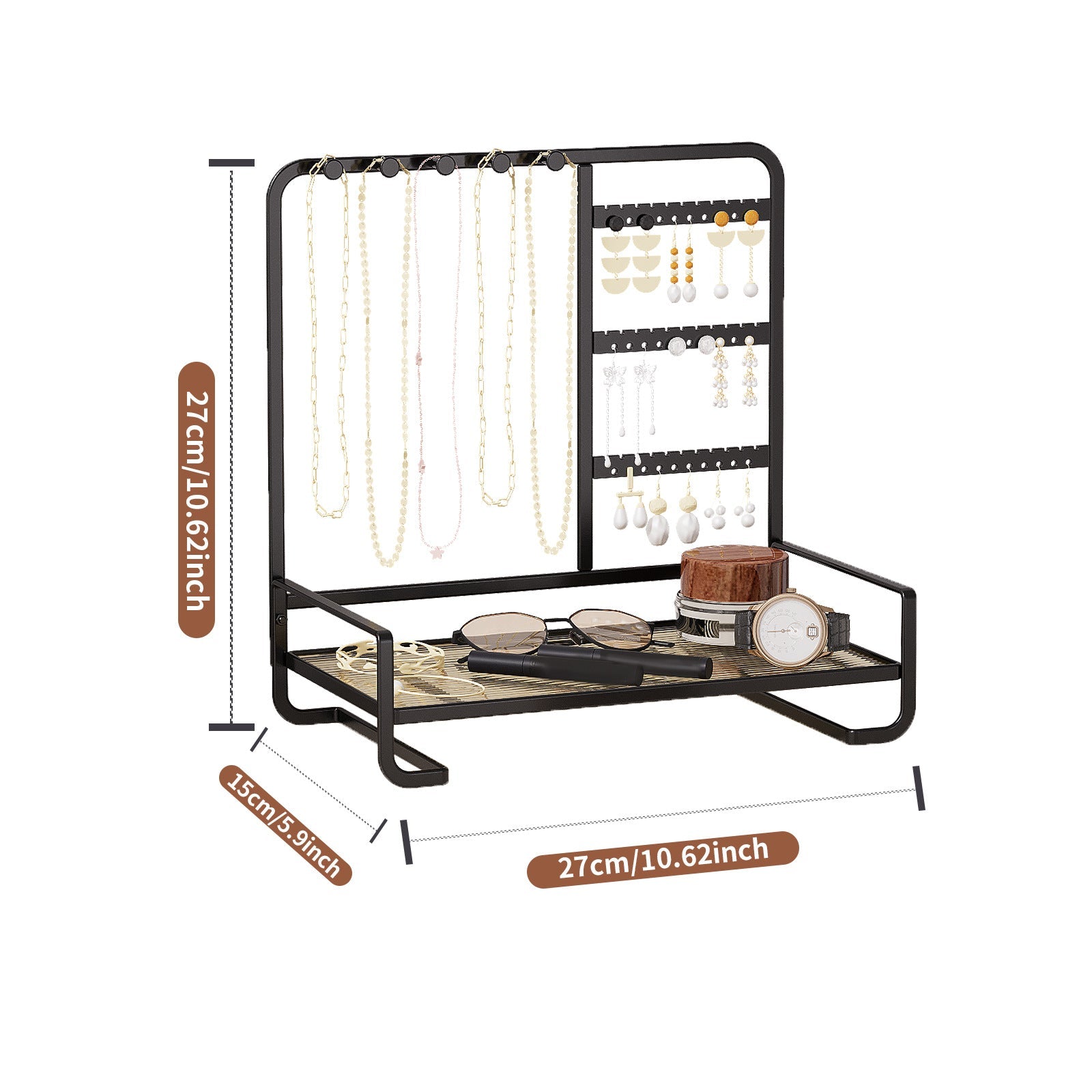 Multi-Tier Desktop Jewelry Organizer – 12.6-Inch T-Bar Necklace Stand & Bracelet Holder with Wooden Ring Tray