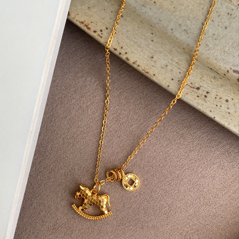 Crushed Ice Coin Trojan Horse Pendant Necklace Women'S Light Luxury Niche Clavicle Chain High-End Autumn And Winter Year Of The Horse Necklace Jewelry