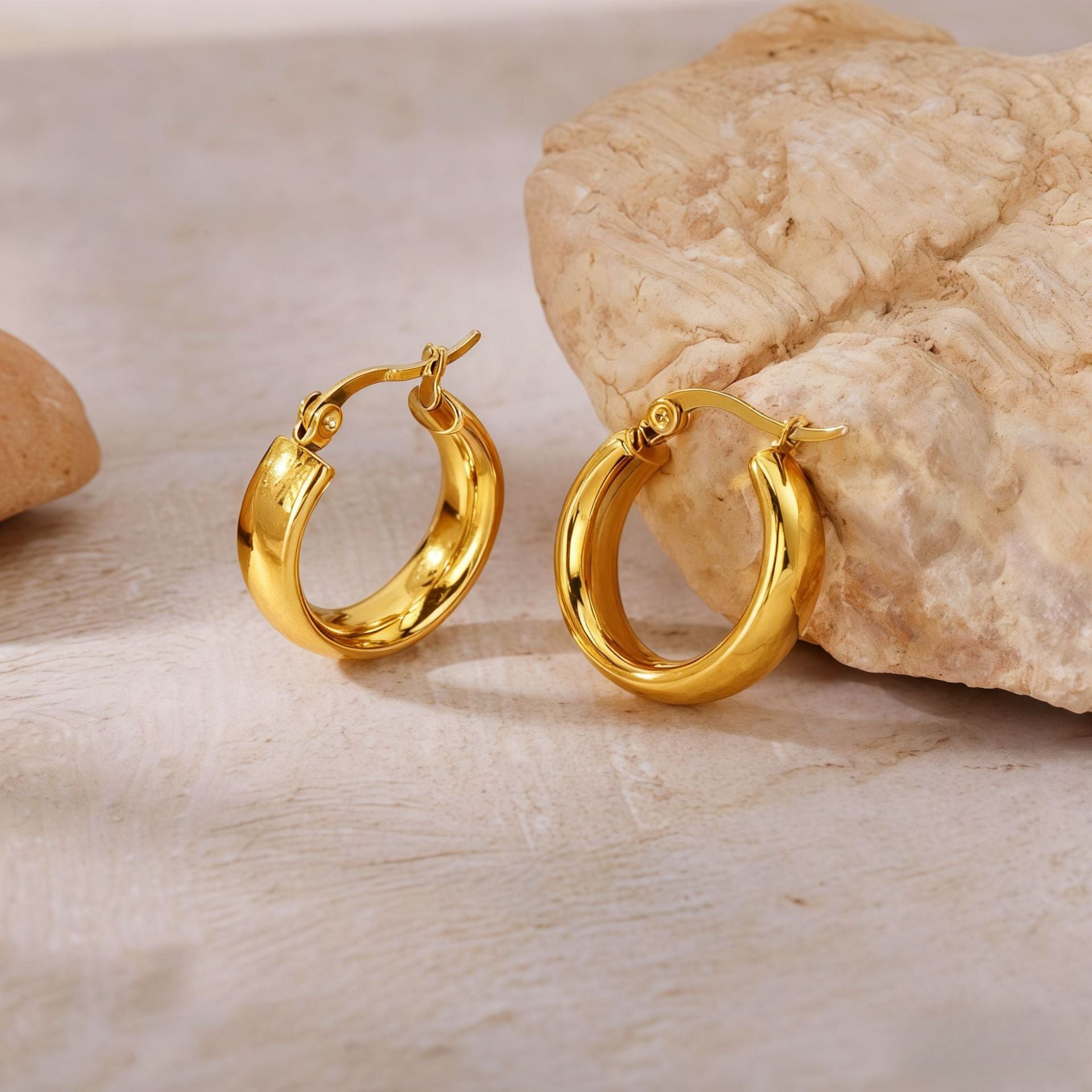 18K Gold Plated Thick Hoop Earrings - Tarnish-Free Chunky Gold Circles - Lightweight High-Polish Statement Hoops for Women